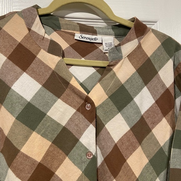 NWOT Serengeti Size L Long Sleeve Sage Pink Check Flannel Button Up Mini Dress - Picture 4 of 10